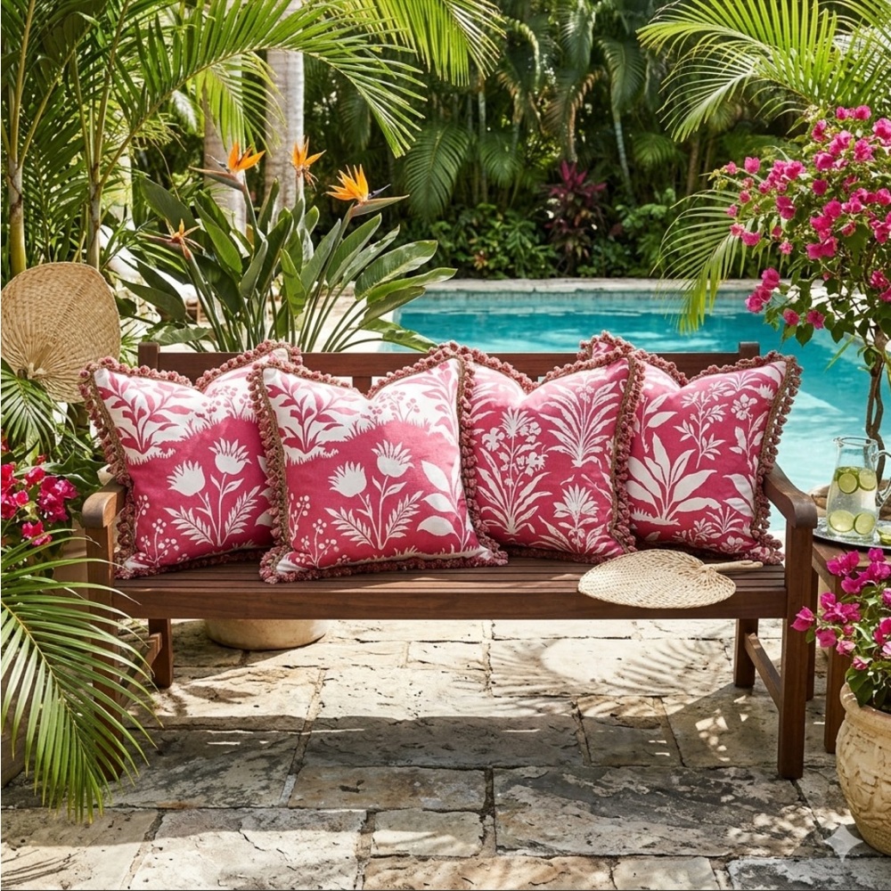 Set of 4 Large Botanical Tassel Accent Pillow Covers Coastal Decor 24” x 24”